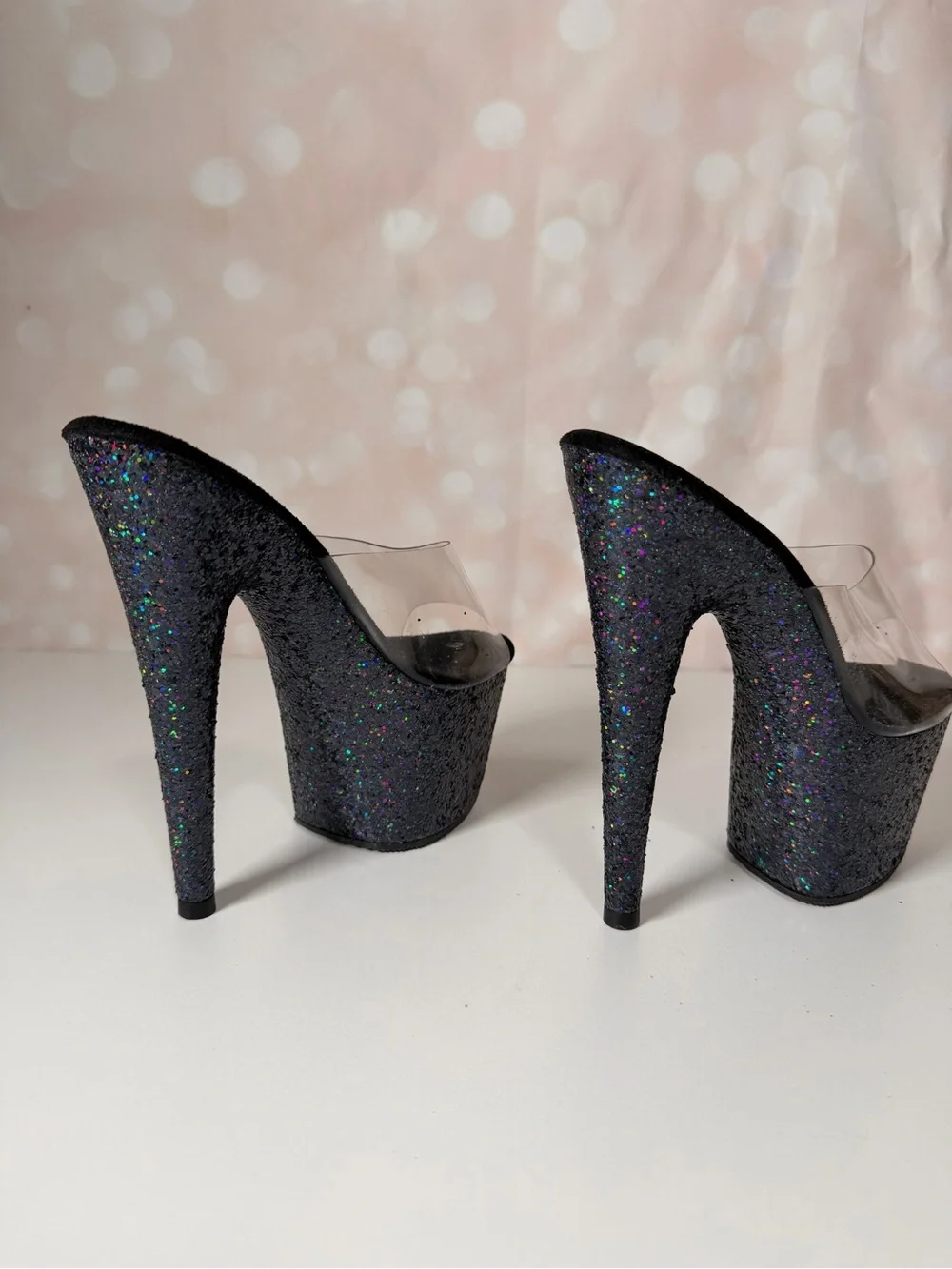 PLEASER Black Glitter Platform Heels Mules Sandals